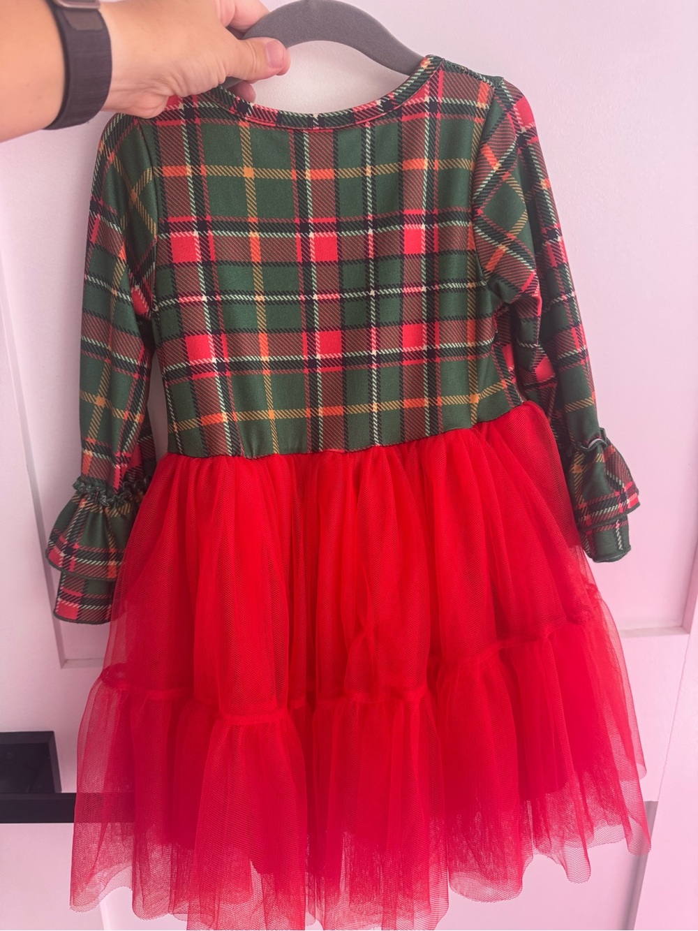 Girls Plaid & Red Tulle Holiday Dress